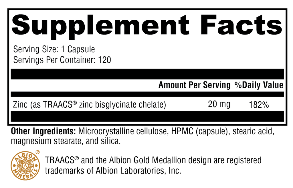 Zinc Glycinate 120 Capsules Supplement Facts